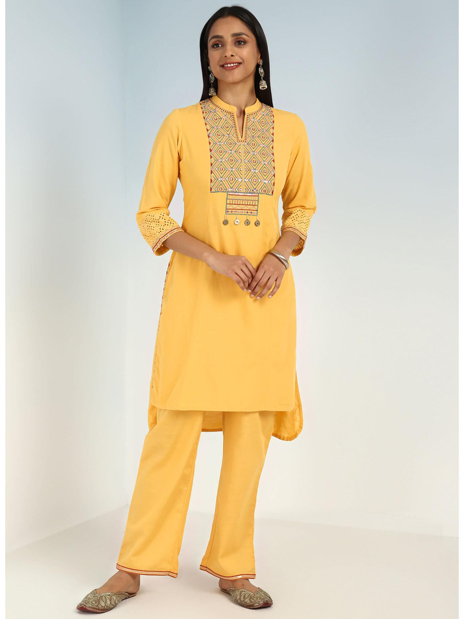 yellow v-neck kurta with multi coloured embroidery