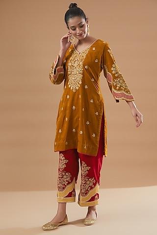 yellow velvet embroidered kurta set