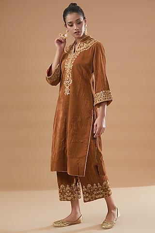 yellow velvet embroidered kurta set