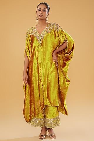 yellow velvet thread work kaftan set