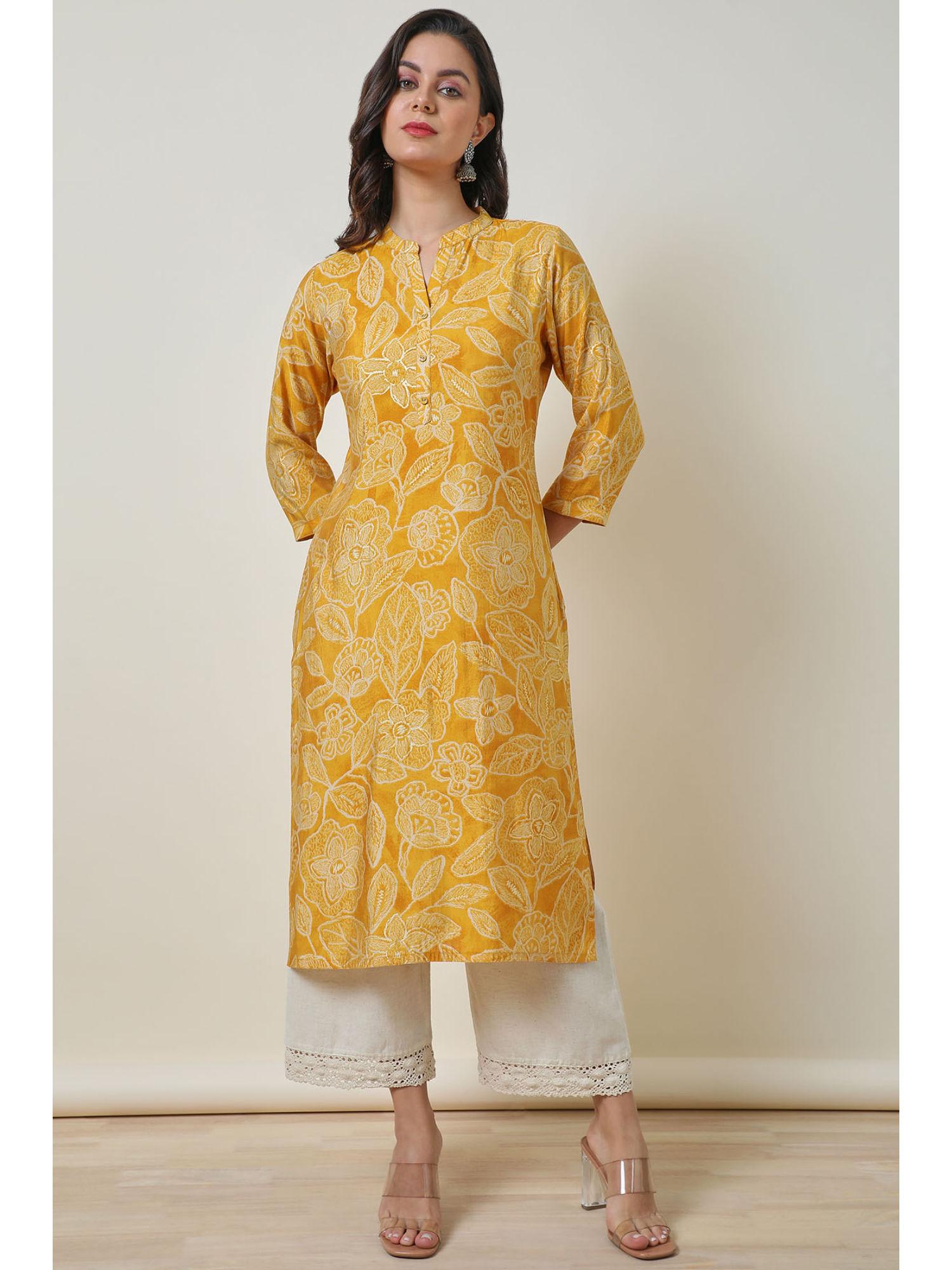 yellow viscose blend botanical print kurta