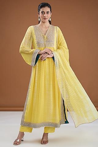 yellow viscose chiffon tie-dye zari embroidered & foil printed kurta set