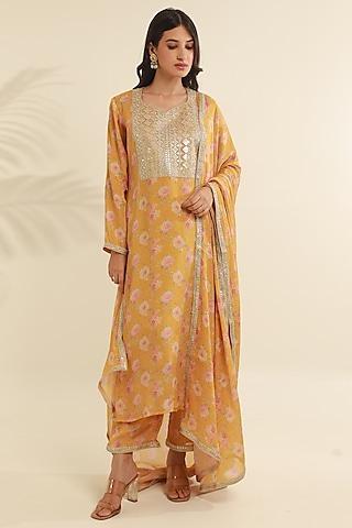 yellow viscose chinon digital printed kurta set