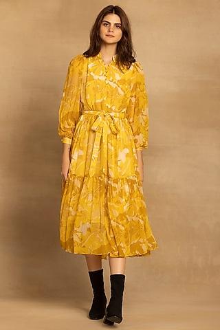 yellow viscose georgette abstract floral printed tiered midi dress