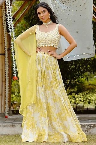 yellow viscose georgette digital printed gathered lehenga set