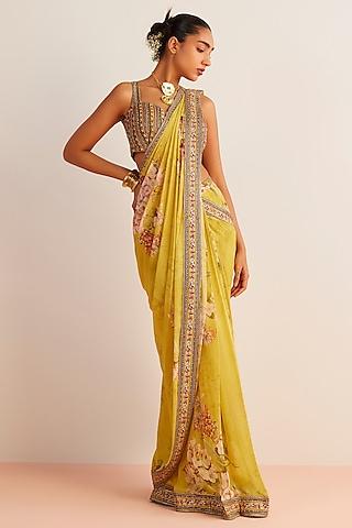 yellow viscose georgette embroidered pre-draped saree set