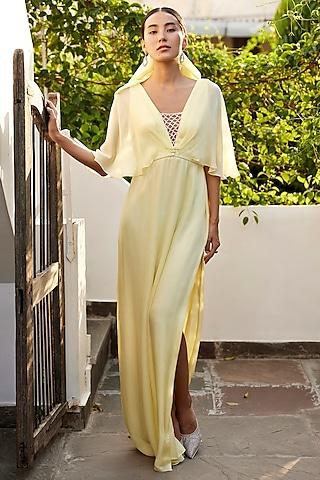 yellow viscose georgette satin straight bottom gown