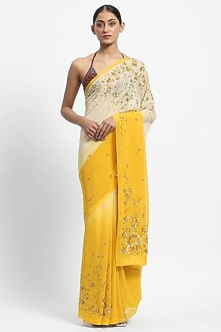 yellow viscose georgette thread embroidered saree