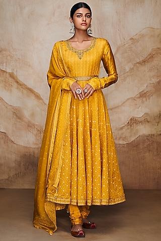 yellow viscose linen embellished anarkali set