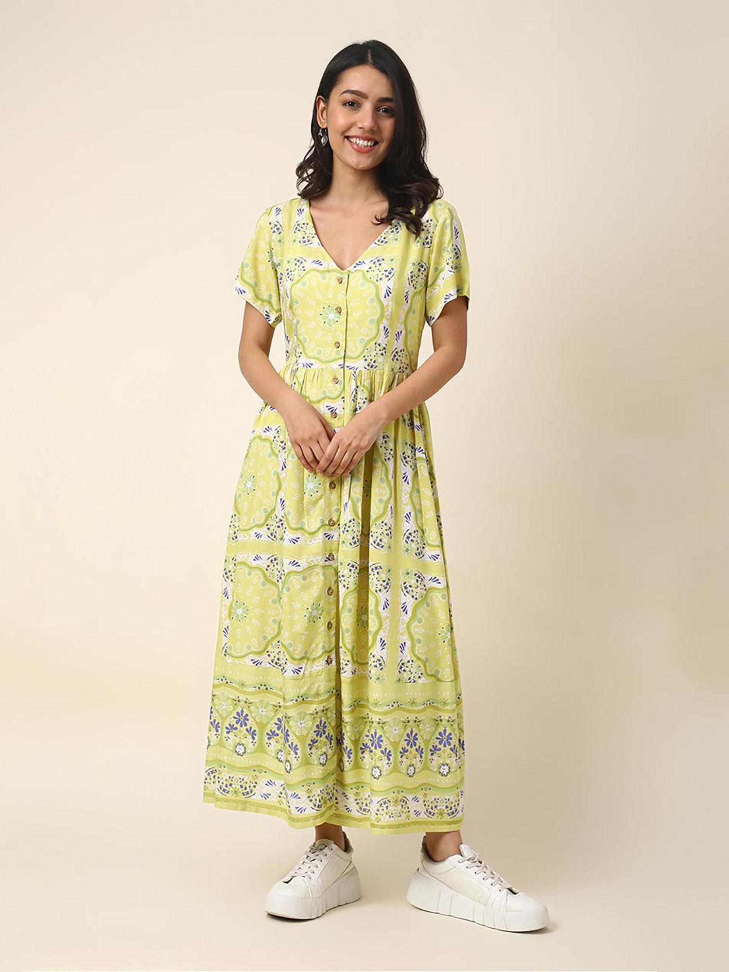 yellow viscose mosaic midi maxi dress