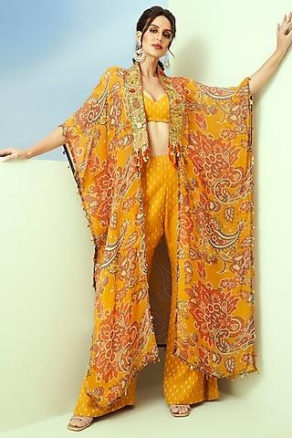 yellow viscose organza printed & embroidered cape set