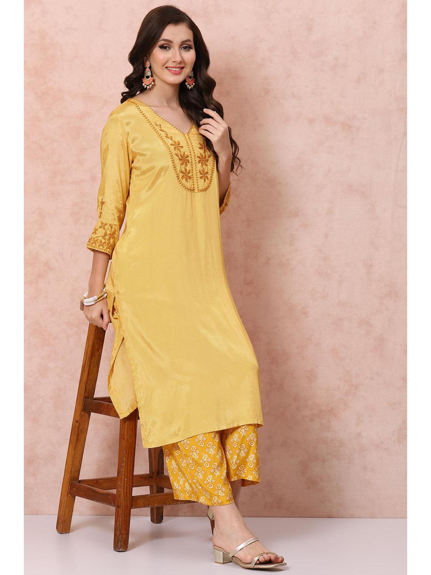 yellow viscose printed kurta with palazzo (set of 2)