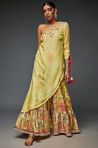 yellow viscose printed sharara set