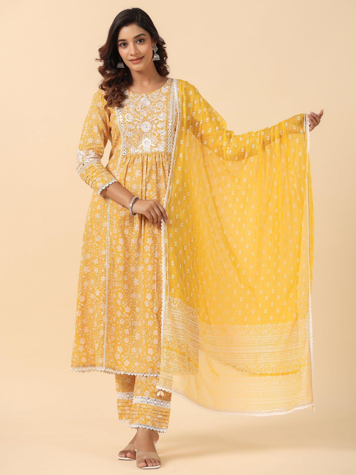yellow viscose rayon floral print lace work a-line kurta with pant & dupatta (set of 3)