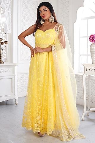 yellow viscose shantoon sequins embroidered anarkali set