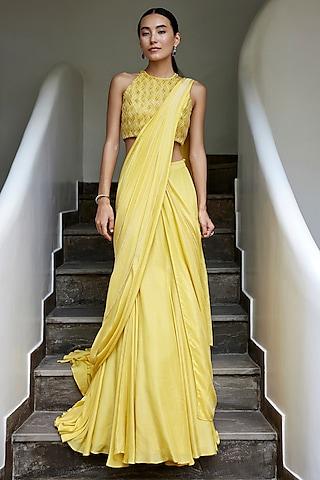 yellow viscose shimmer satin pre-draped saree set