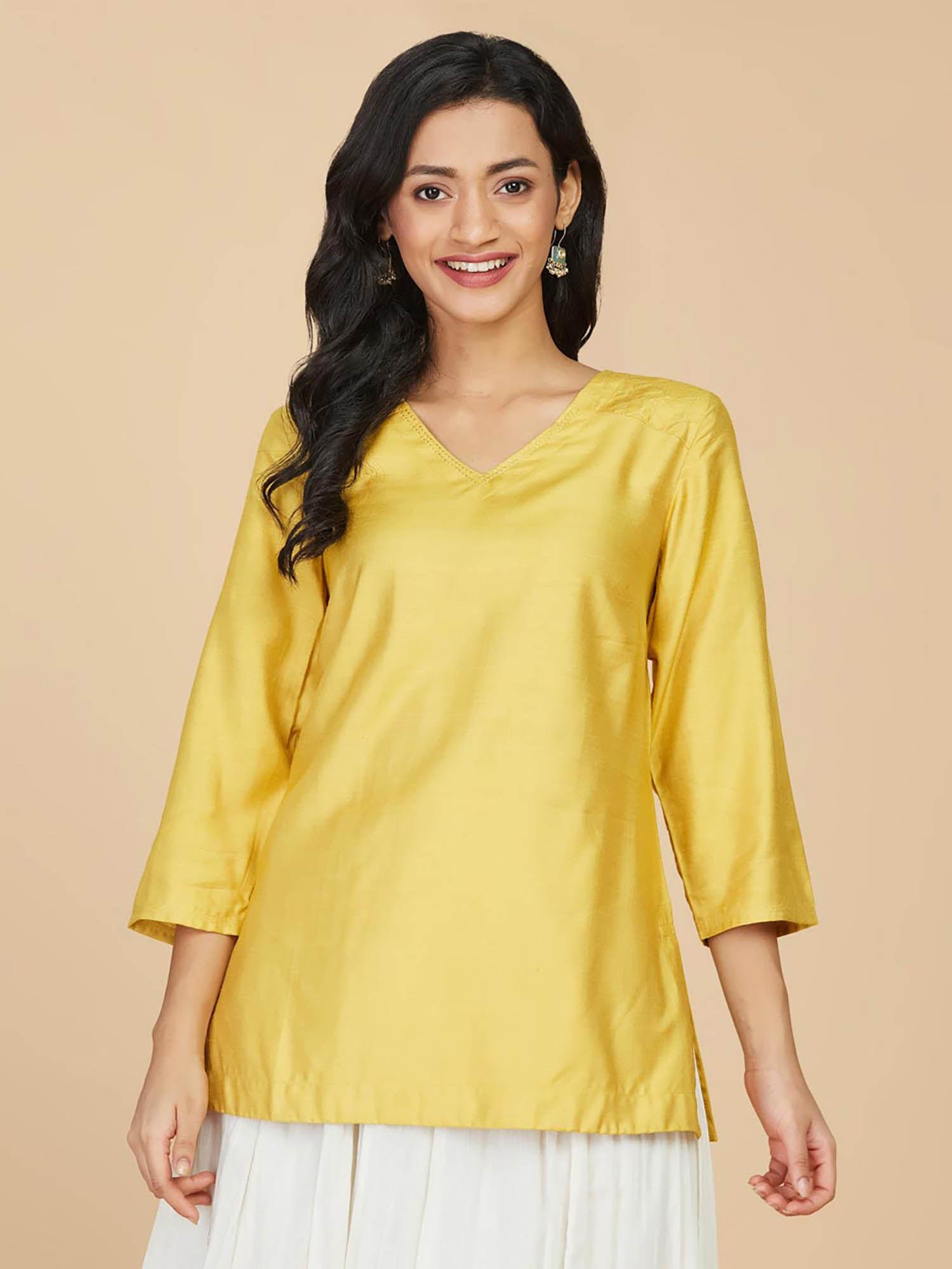 yellow viscose silk embroidered short kurti