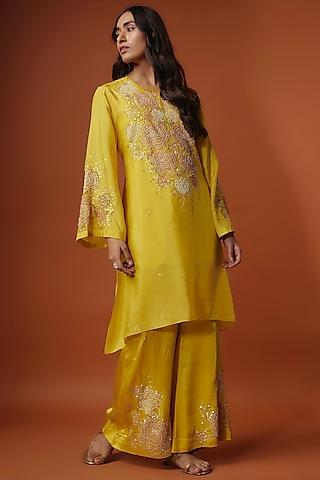 yellow viscose silk floral sequins embroidered kurta set