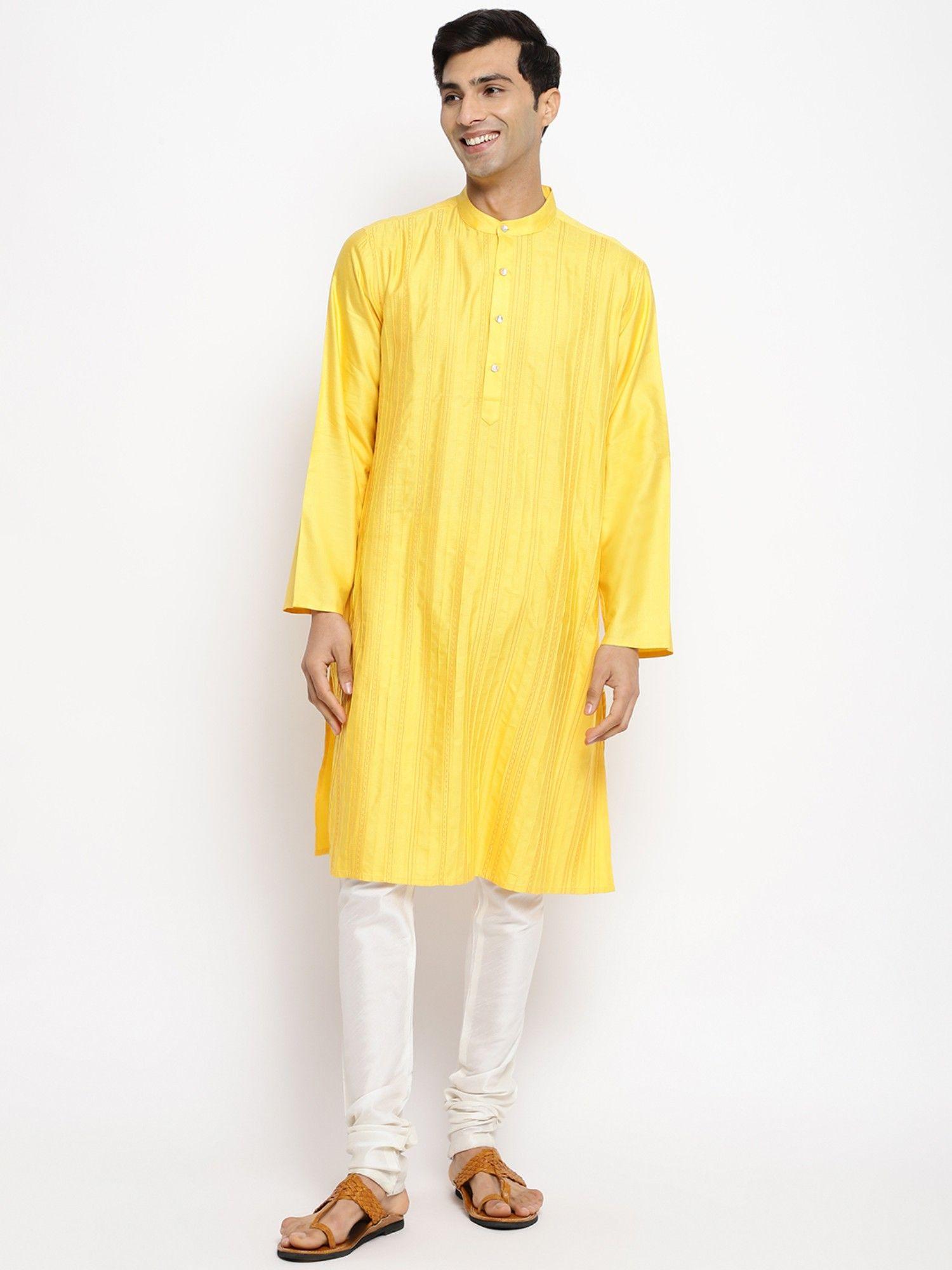 yellow viscose silk pintucks long kurta