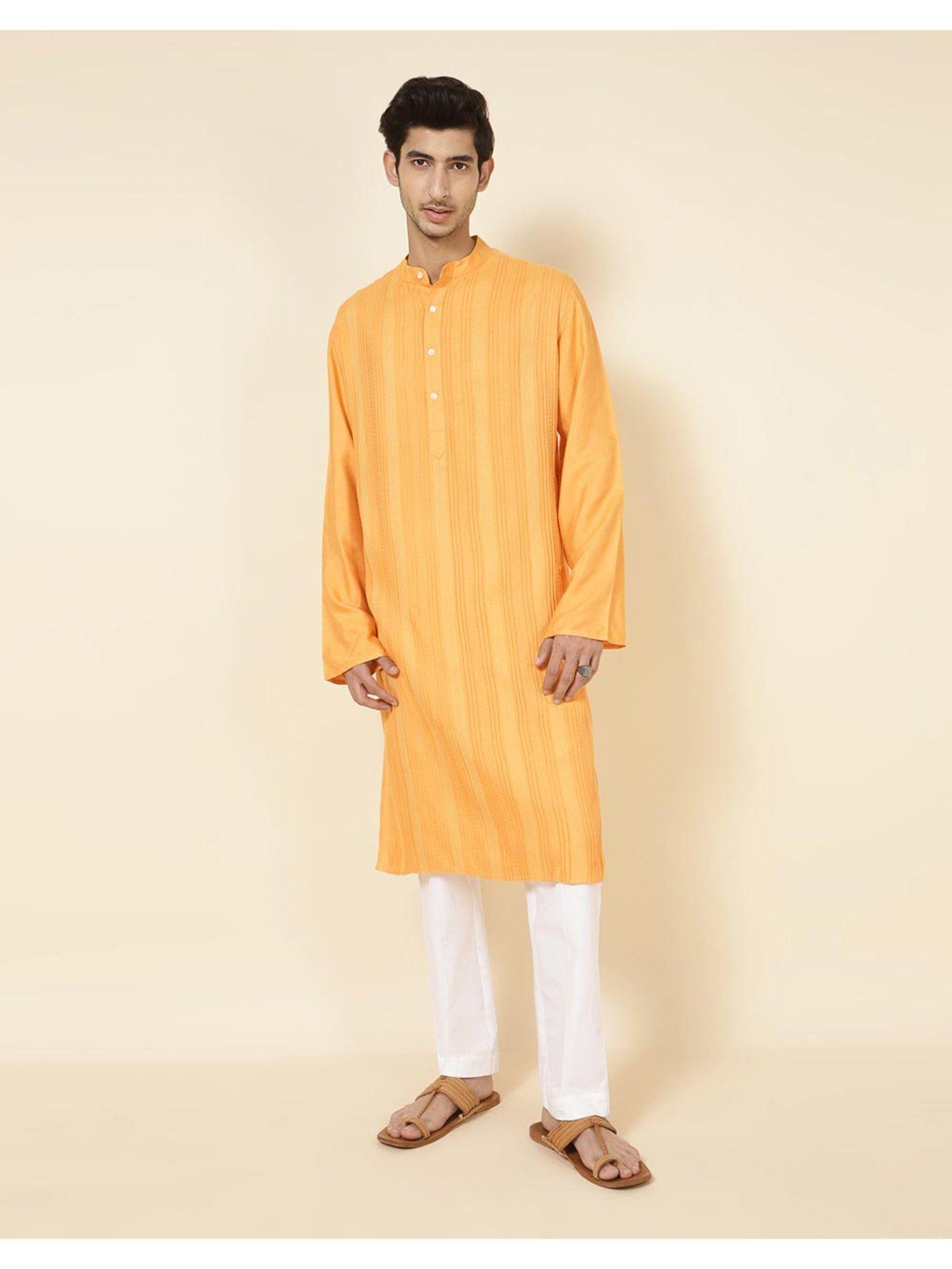 yellow viscose silk pintucks slim fit long kurta