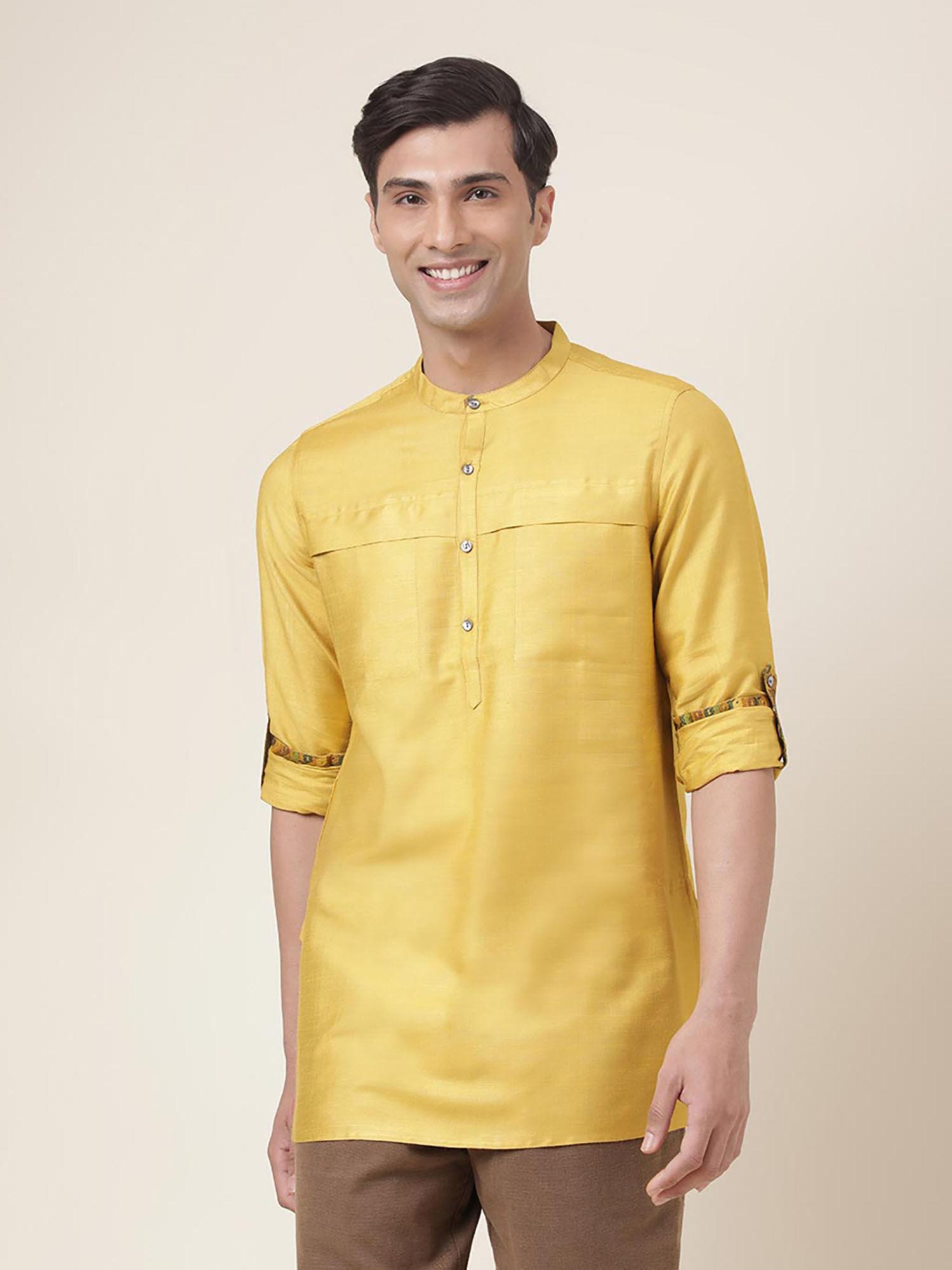 yellow viscose silk slim fit short kurta