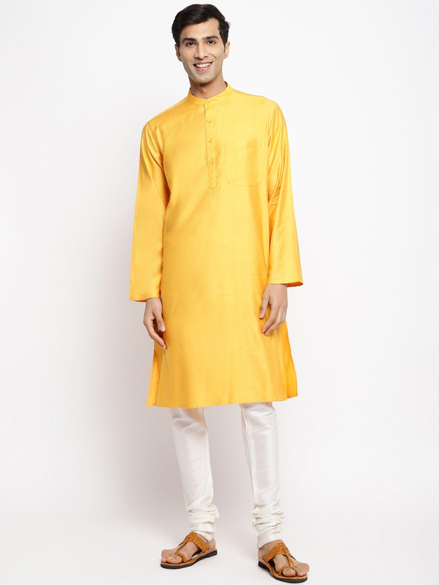 yellow viscose silk woven long kurta