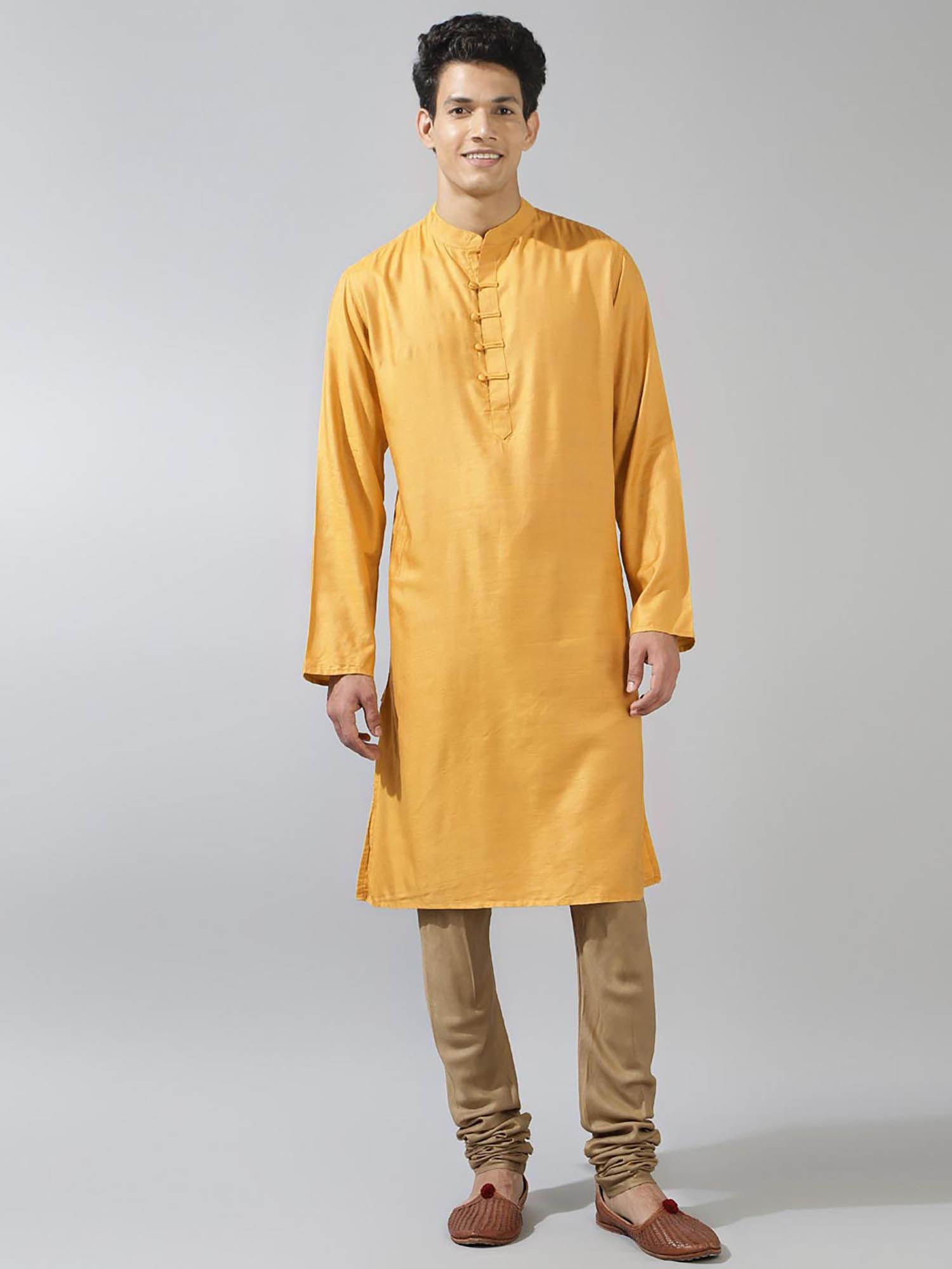 yellow viscose silk woven slim fit kurta