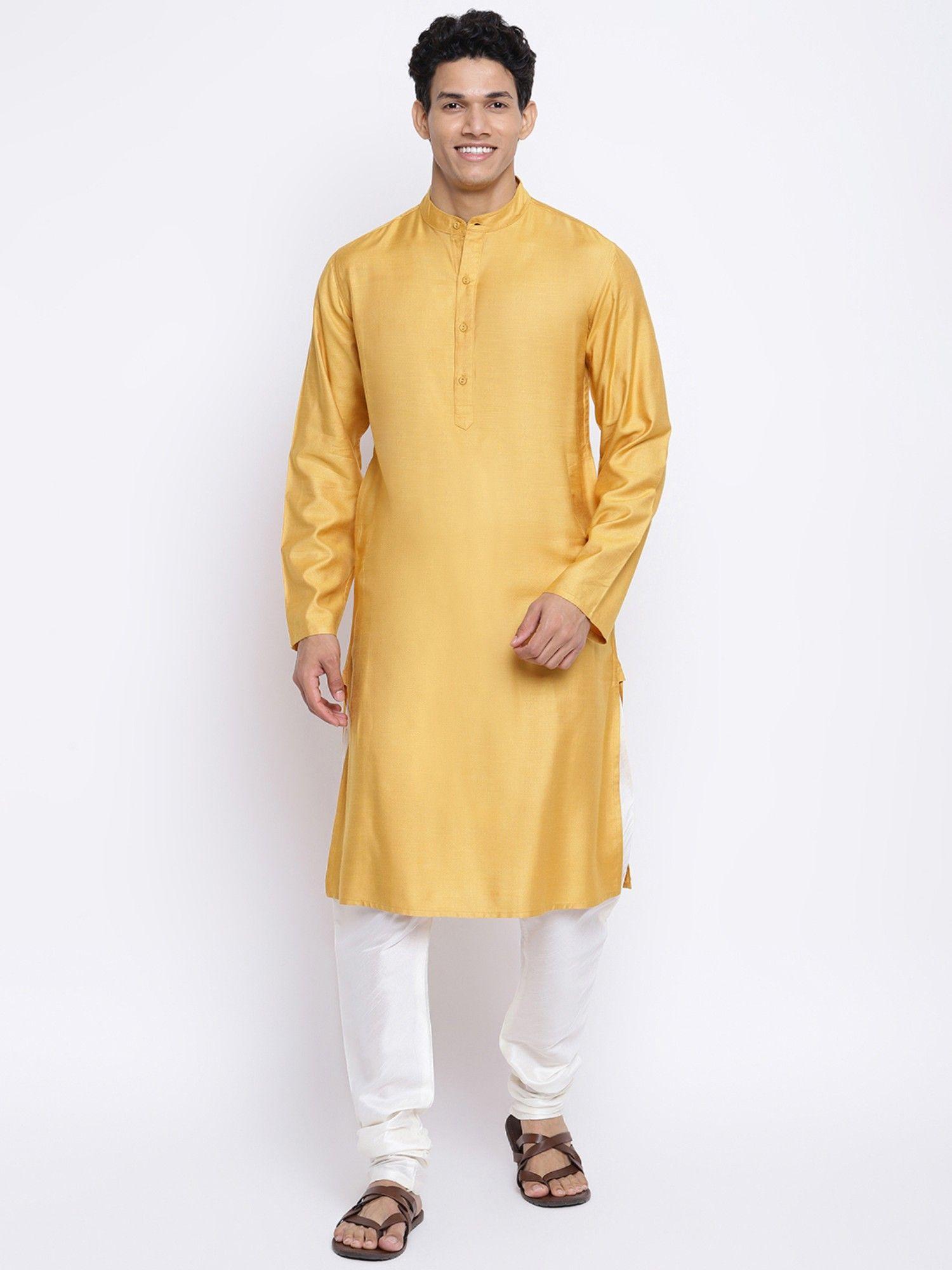 yellow viscose silk woven slim fit long kurta