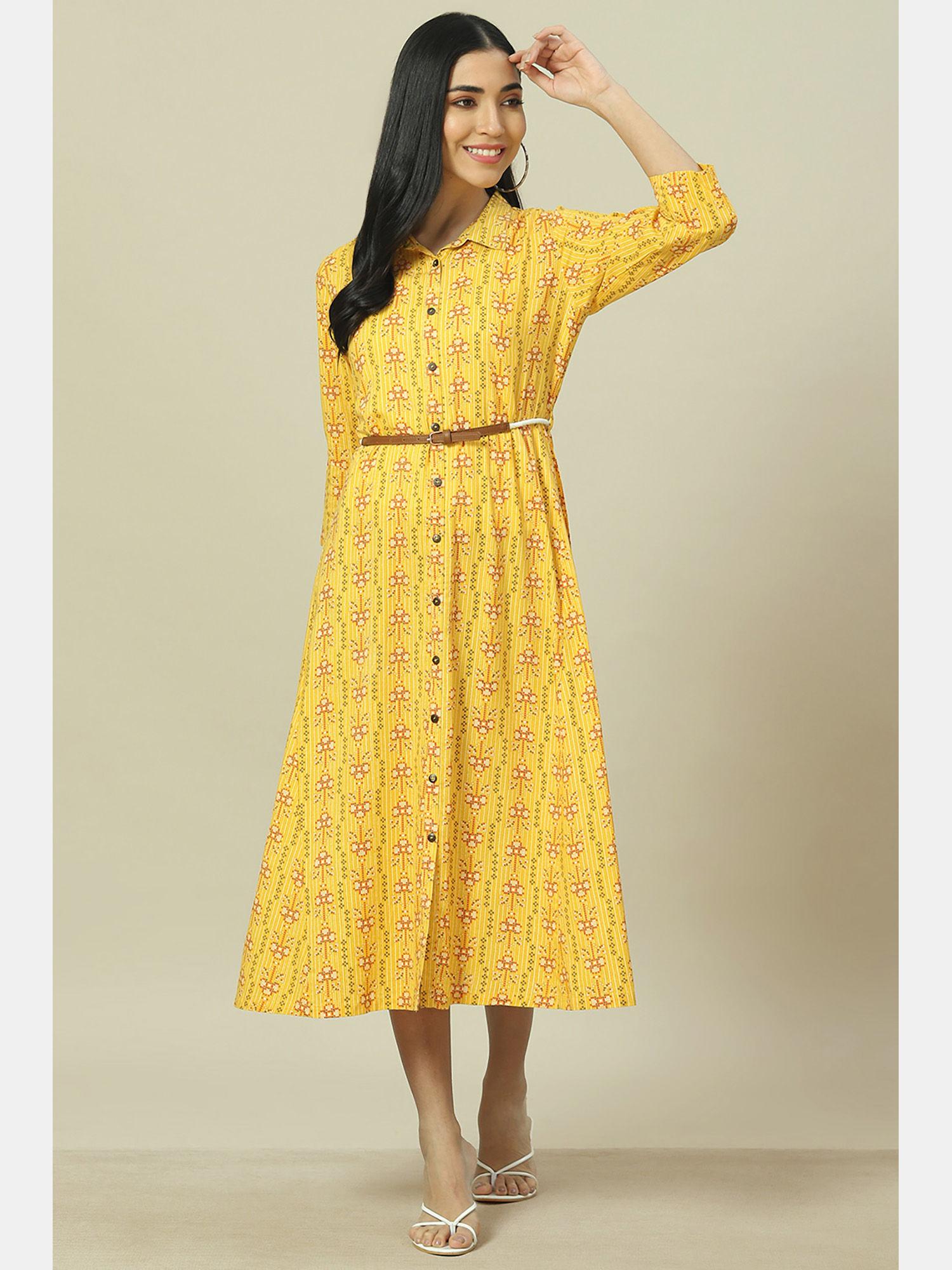 yellow viscose straight dress with belt (set of 2)