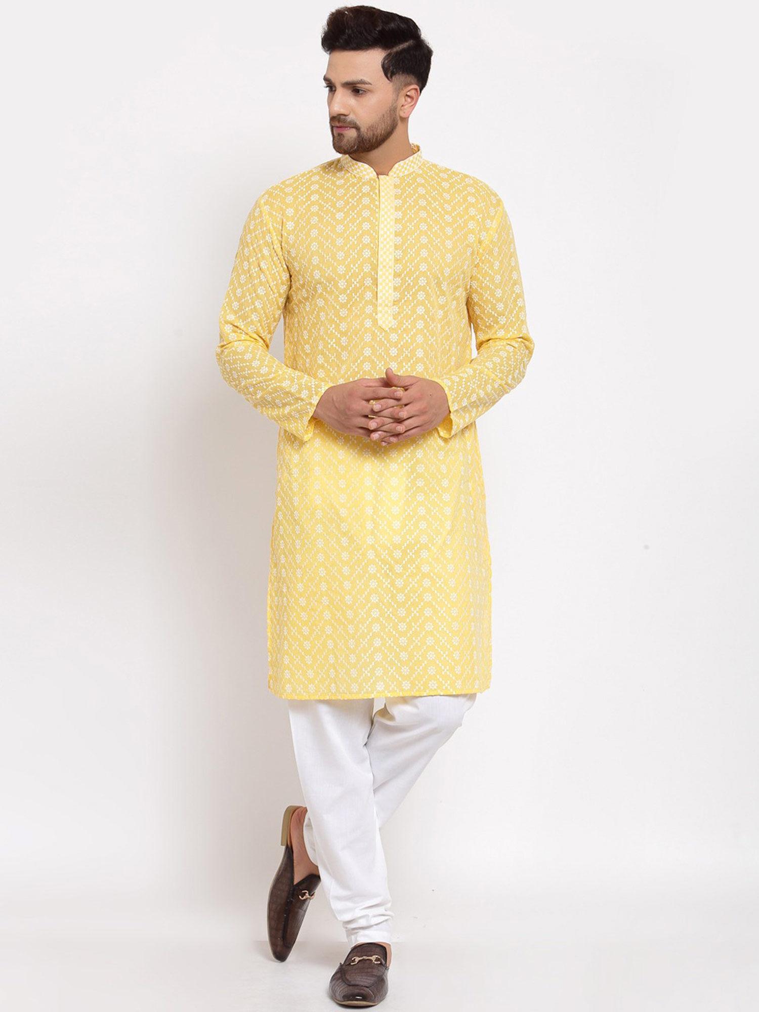 yellow white floral embroidered chikankari cotton straight kurta