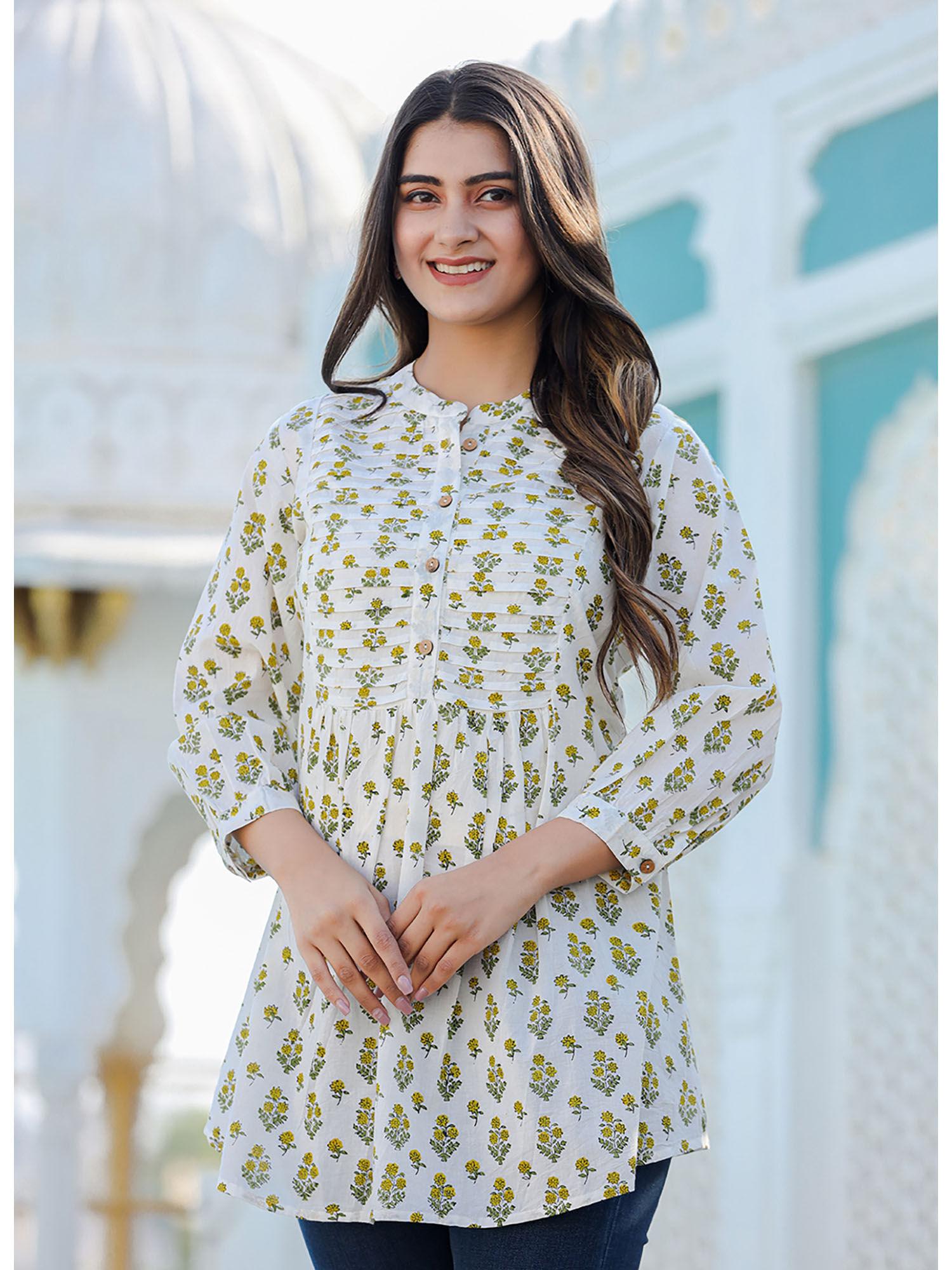 yellow-white floral hand block printed cotton top