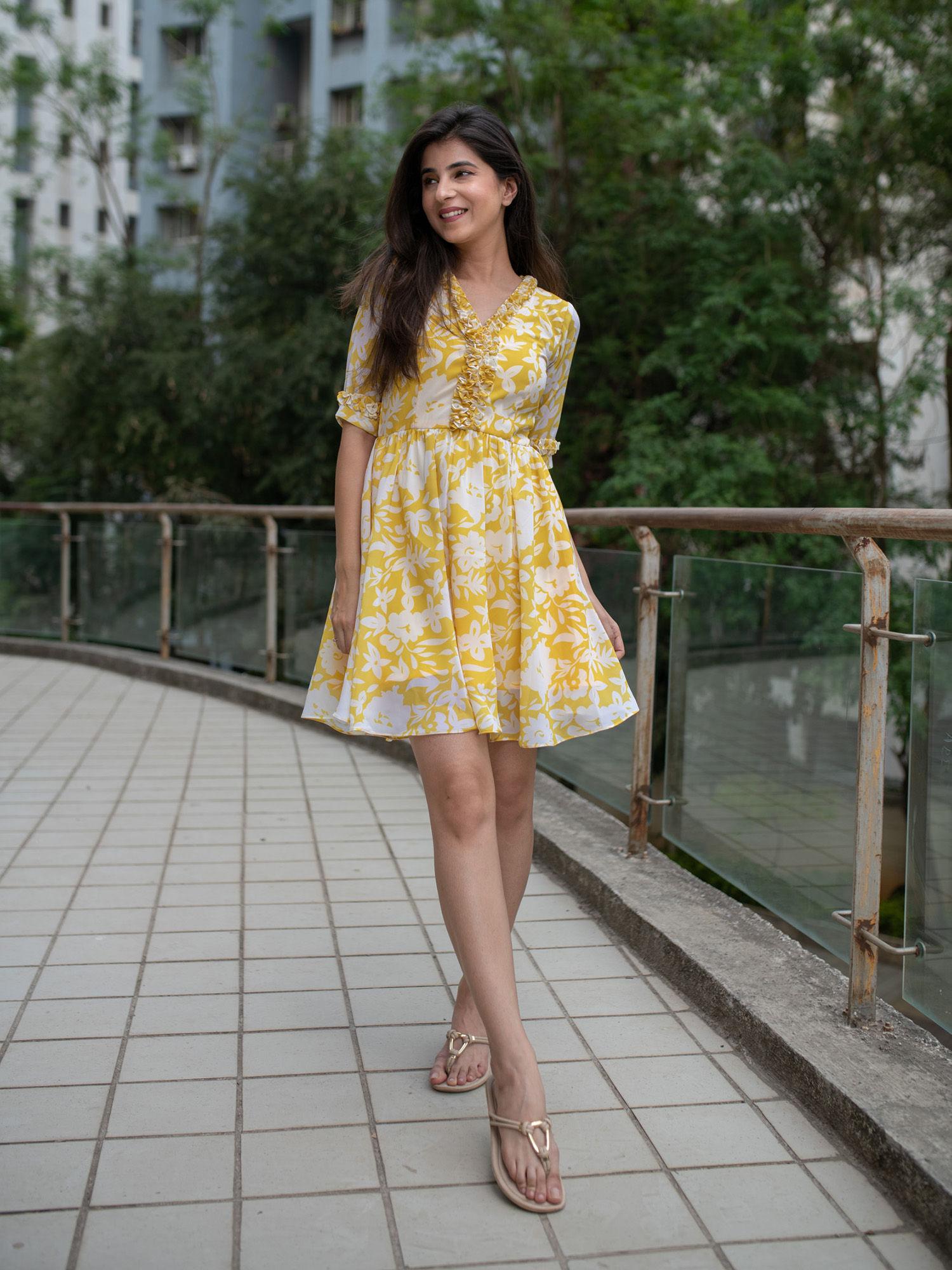 yellow white floral short dress