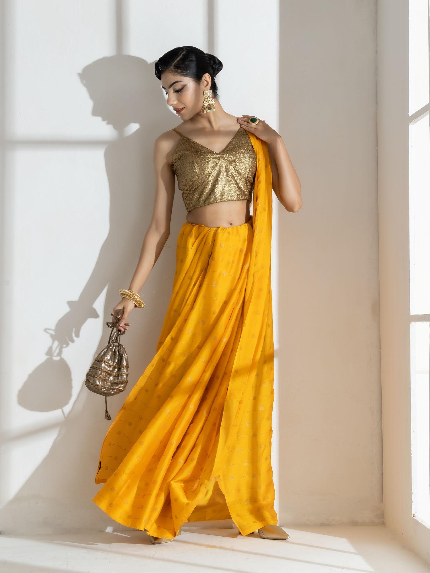 yellow with gold circles butter chiffon saree