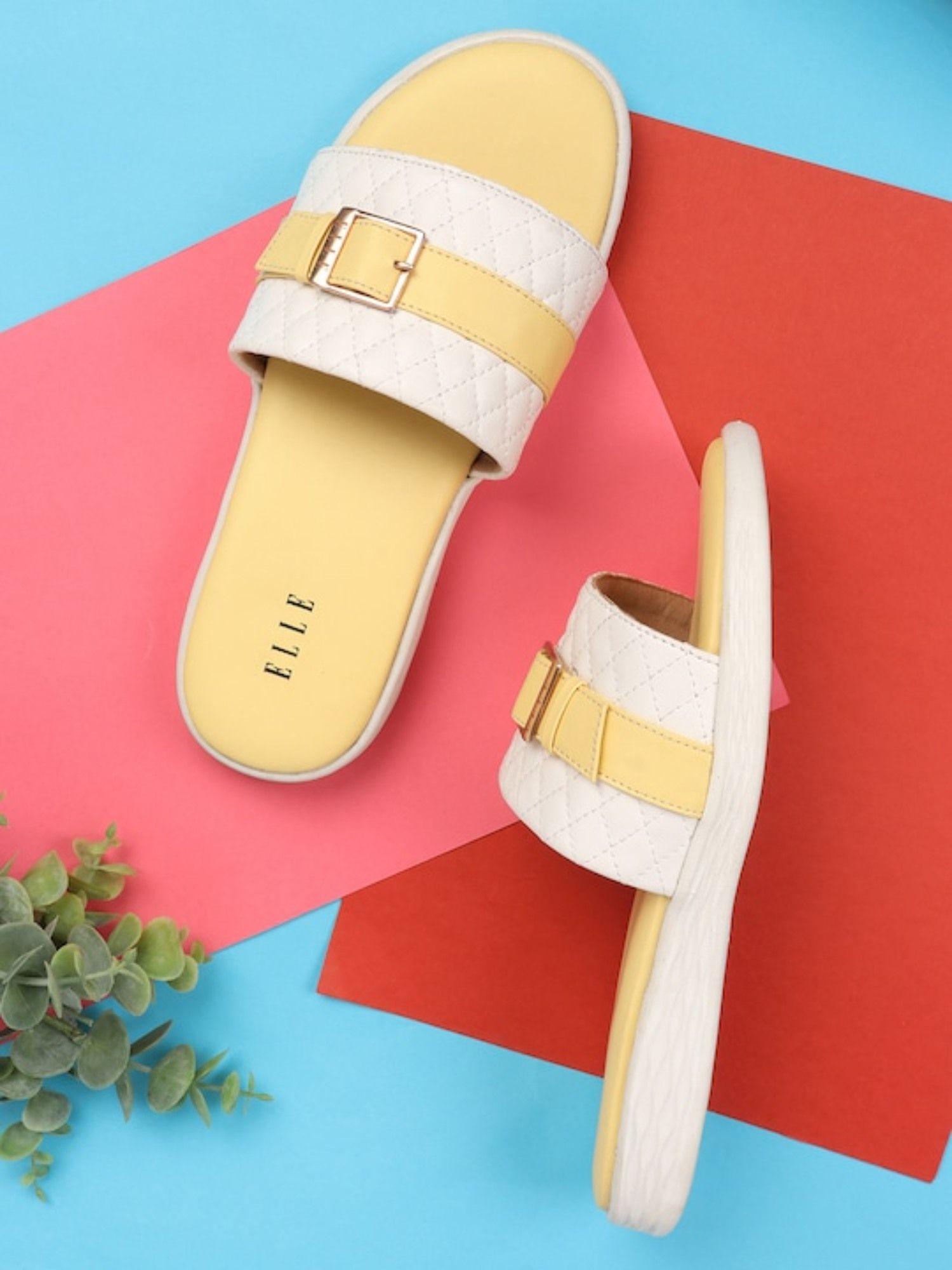 yellow women buckle sliders