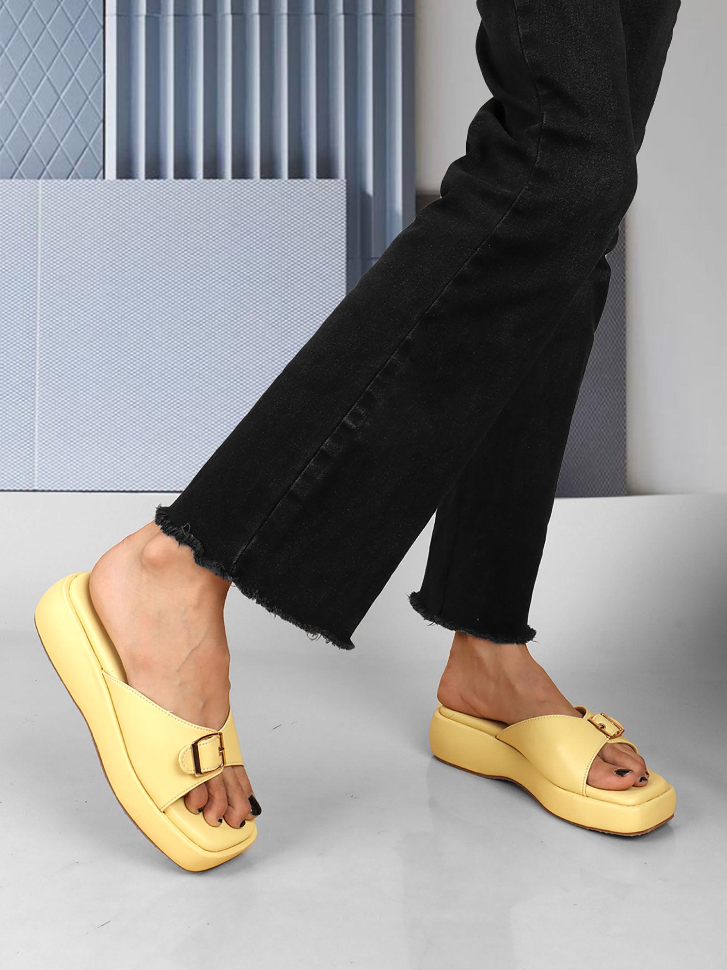 yellow women buckle sliders