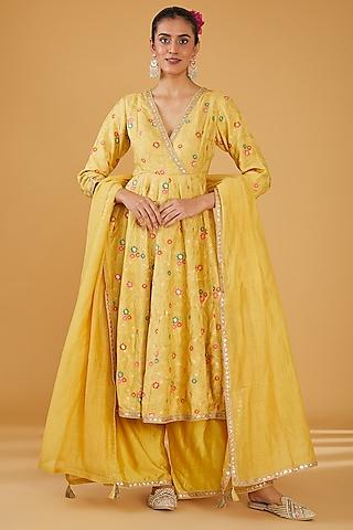 yellow woven brocade floral printed anarkali set