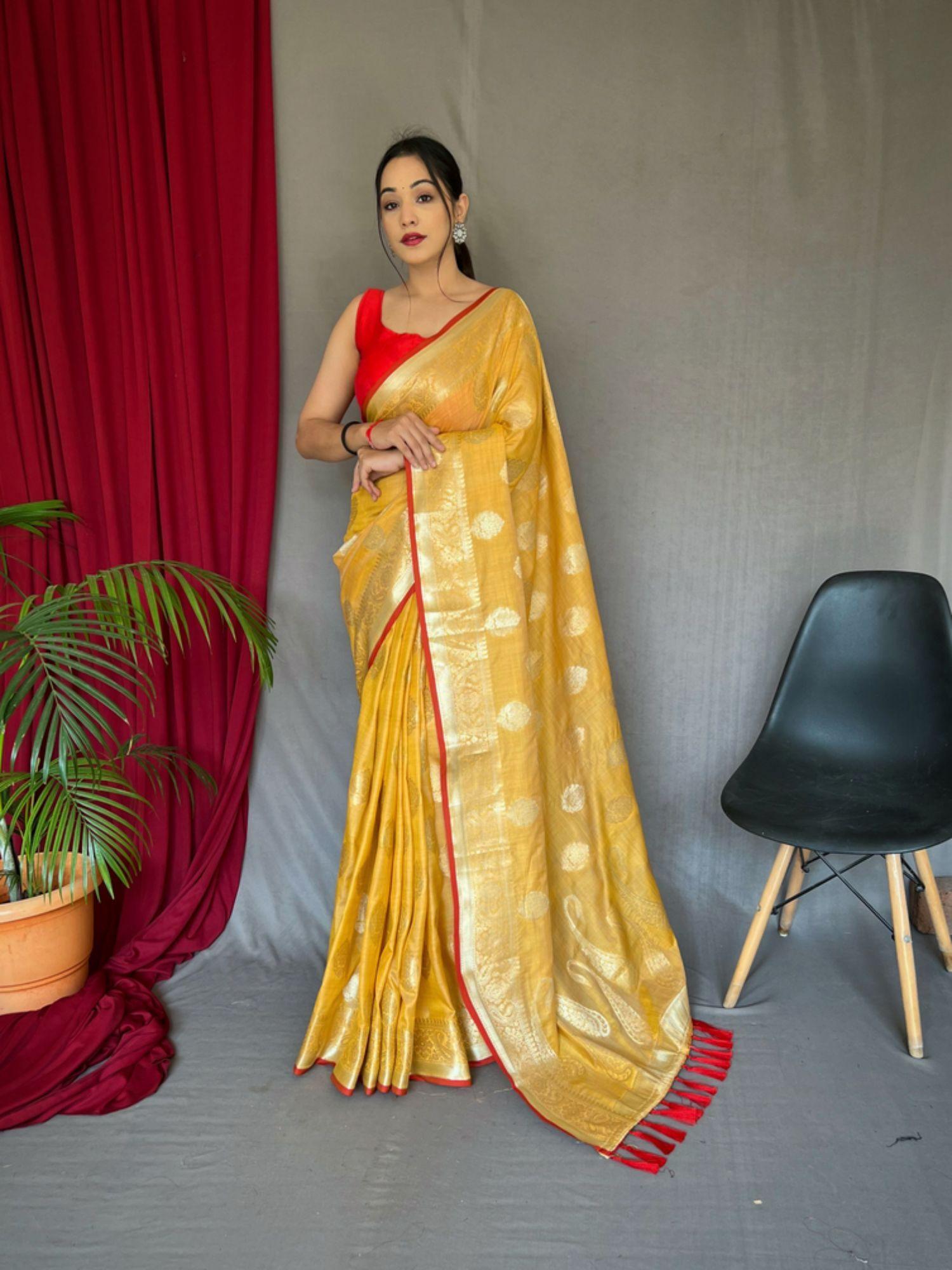 yellow woven cotton linen saree with unstitched blouse