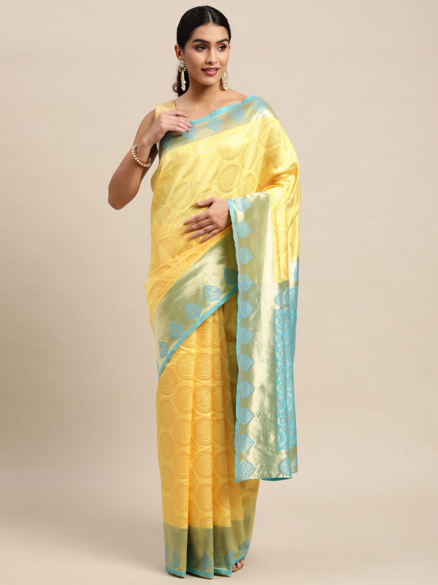 yellow woven design kashida art silk kanjeevaram saree with unstitched blouse