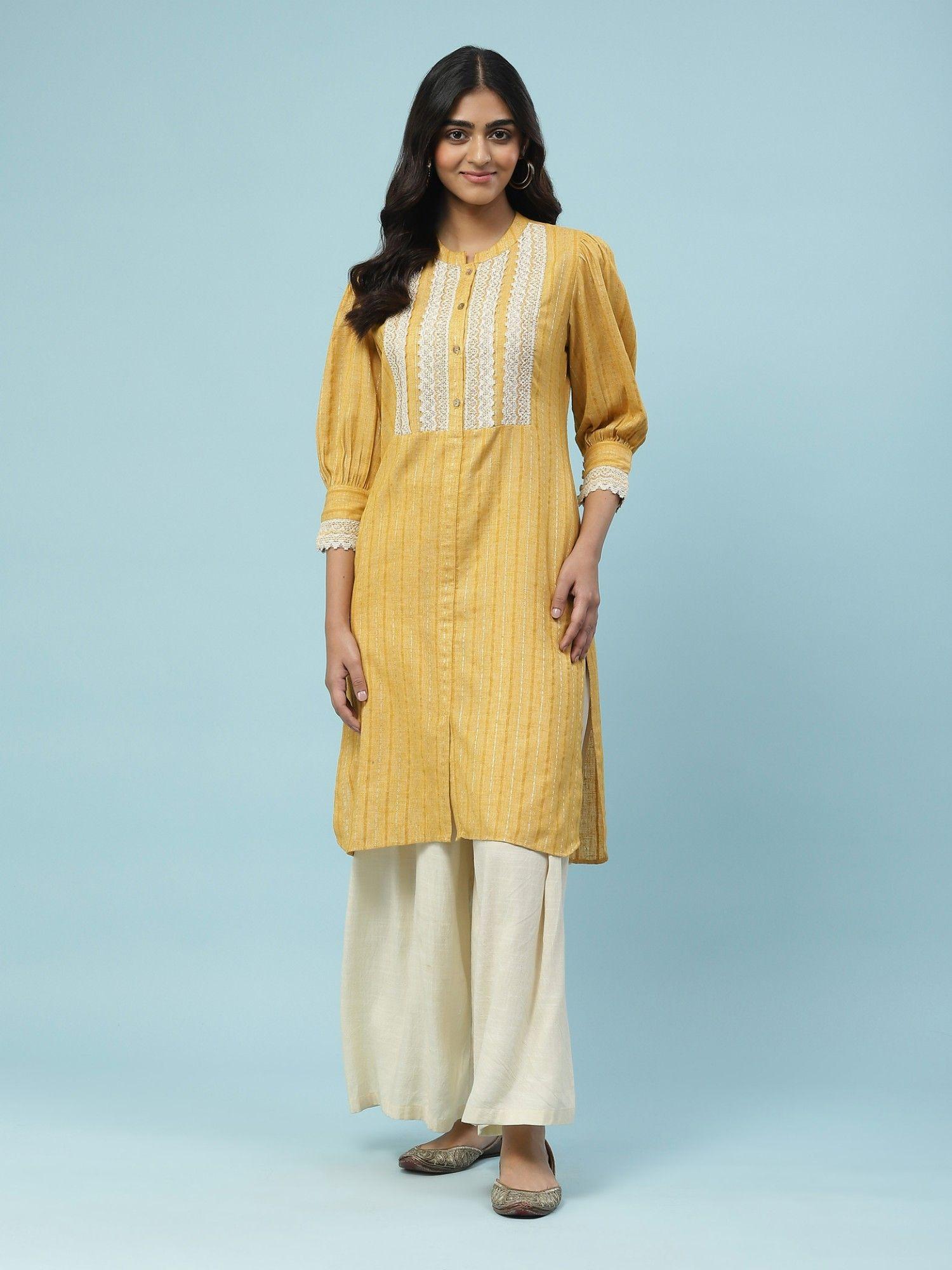 yellow woven kurta