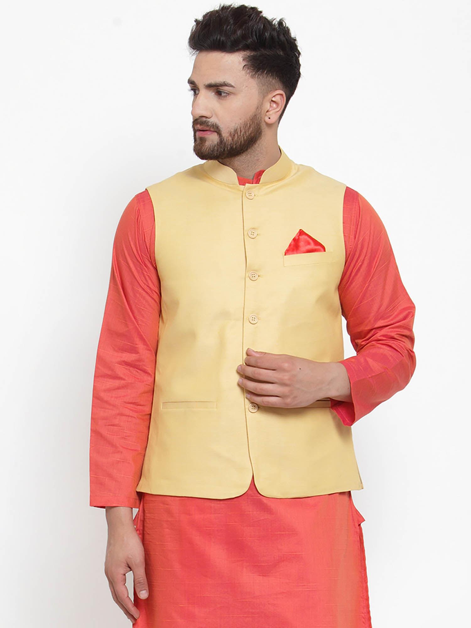 yellow woven nehru jacket