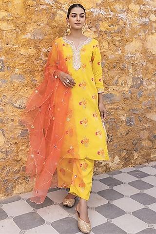 yellow woven silk blend straight kurta set