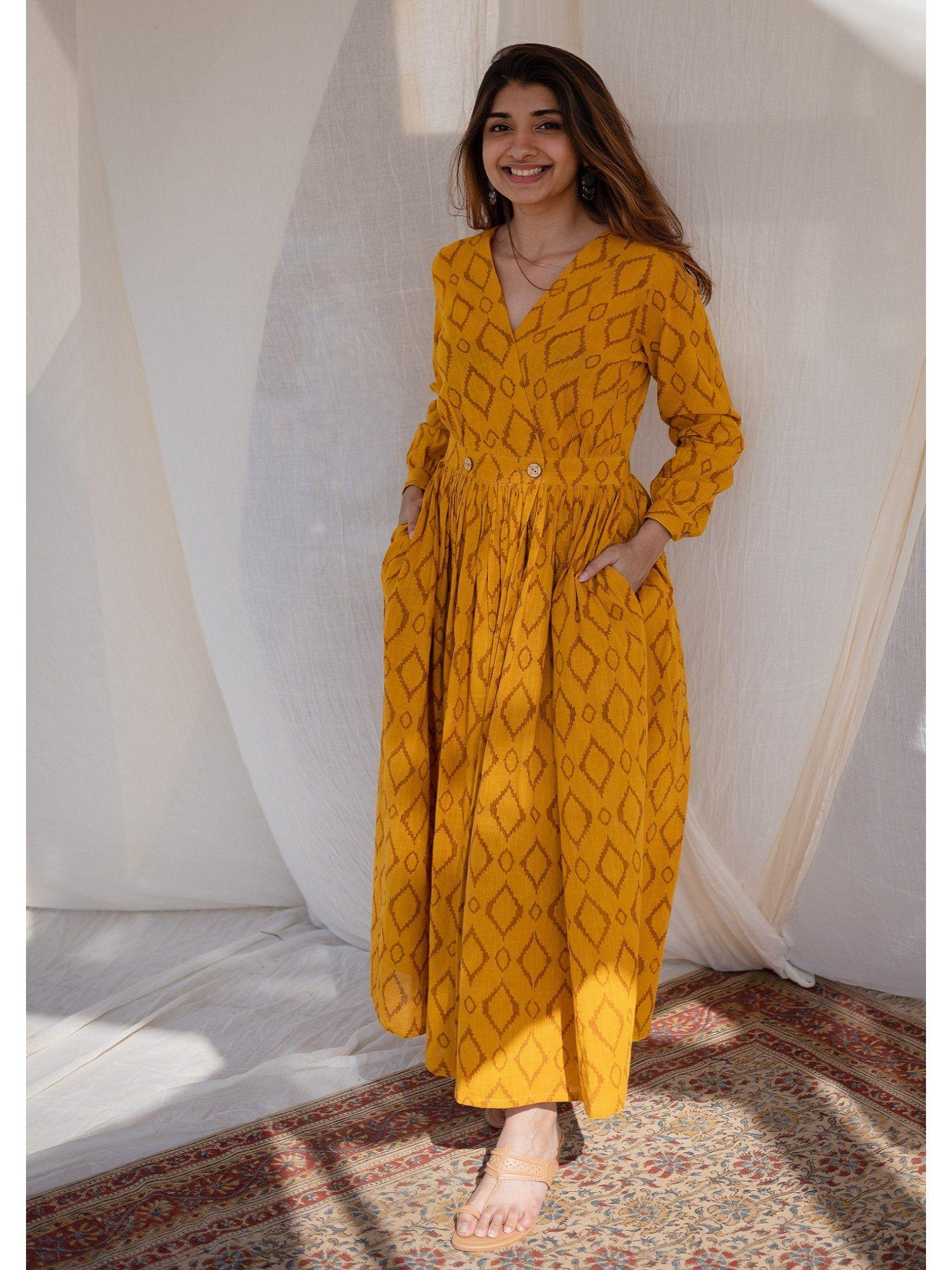 yellow wrap around slub cotton dress