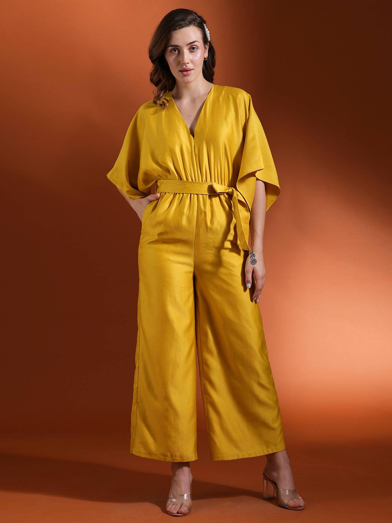 yellow wrap neck kimono style extended sleeves jumpsuit with belt (set of 2)