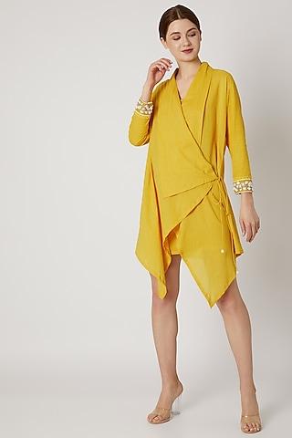 yellow wrap tunic with embroidered cuffs