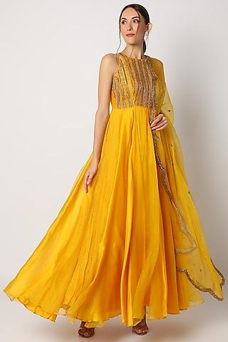 yellow zardosi embroidered anarkali set