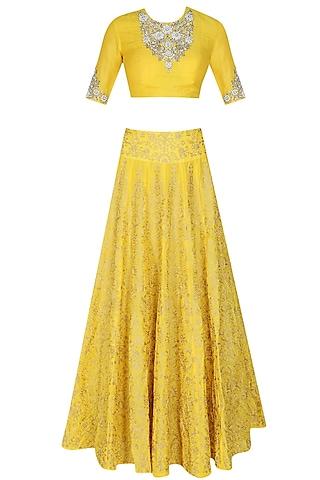 yellow zari, pearls and sequins floral embroidered blouse and lehenga set