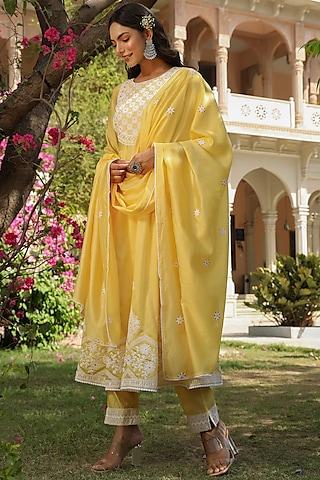 yellow zari embroidered anarkali set