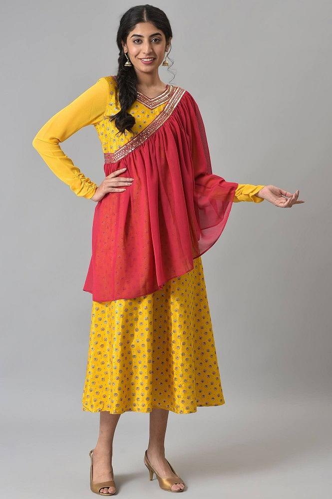 yellow zari embroidered dress with pink embroidered dupatta