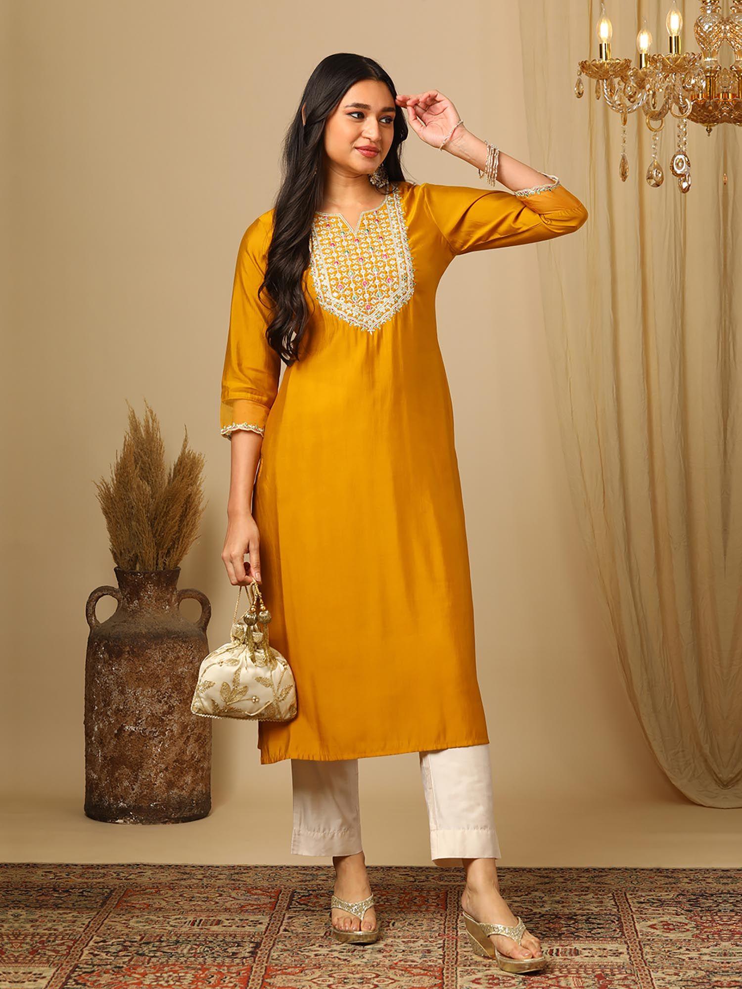 yellow zari embroidered yoke round neck straight calf length ethnic kurta