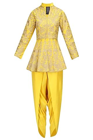 yellow zari work peplum short kurta with dhoti pants